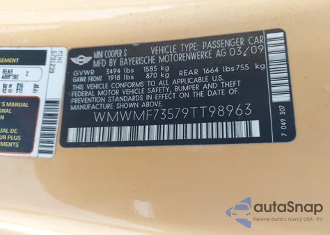 2009 Mini Cooper S from USA, damaged, VIN WMWMF73579TT98963